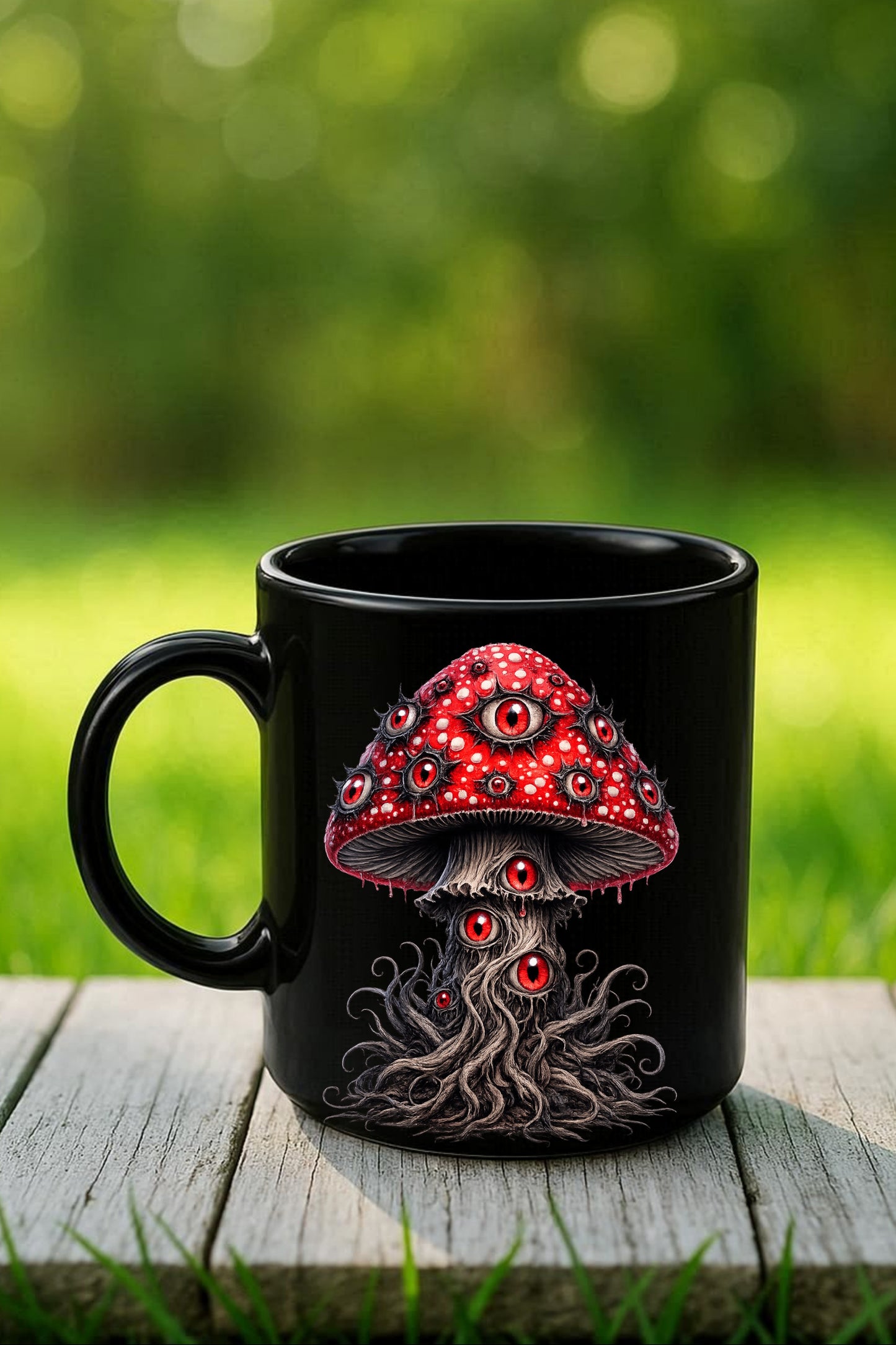 Horror-Pilze Clipart-Set: 14 Dark-Fantasy-Illustrationen mit Augen-Details und Totenköpfen auf roter Kappe, PNG mit transparentem Hintergrund.