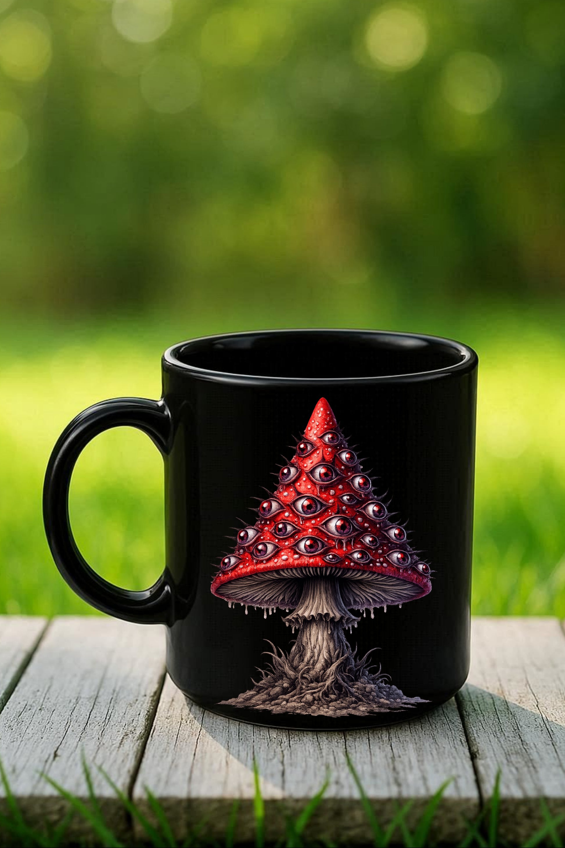 Horror-Pilze Clipart-Set: 14 Dark-Fantasy-Illustrationen mit Augen-Details und Totenköpfen auf roter Kappe, PNG mit transparentem Hintergrund.