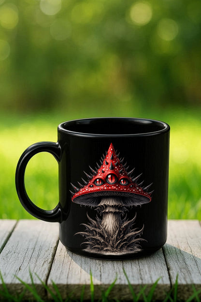 Horror-Pilze Clipart-Set: 14 Dark-Fantasy-Illustrationen mit Augen-Details und Totenköpfen auf roter Kappe, PNG mit transparentem Hintergrund.