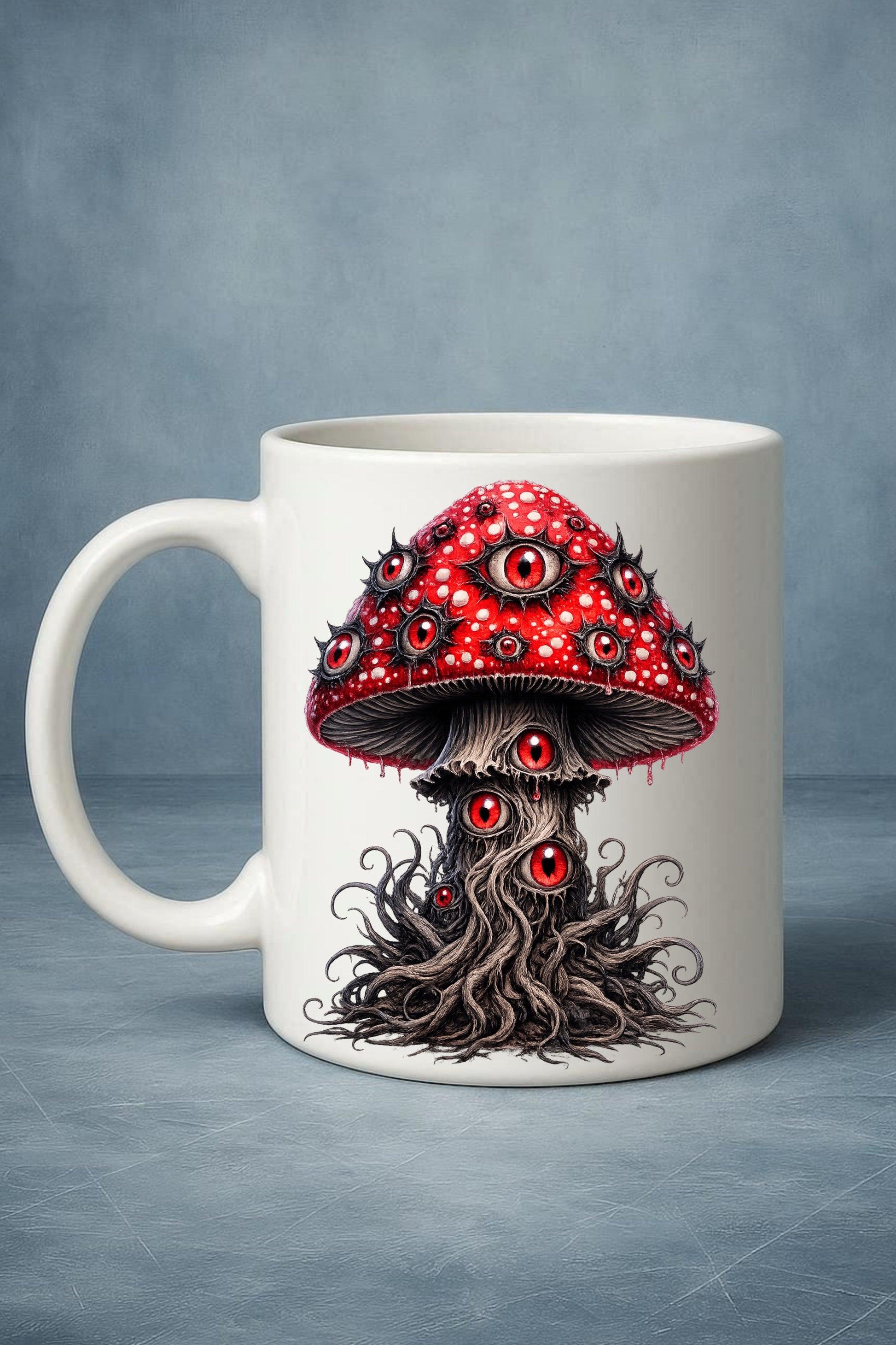 Horror-Pilze Clipart-Set: 14 Dark-Fantasy-Illustrationen mit Augen-Details und Totenköpfen auf roter Kappe, PNG mit transparentem Hintergrund.