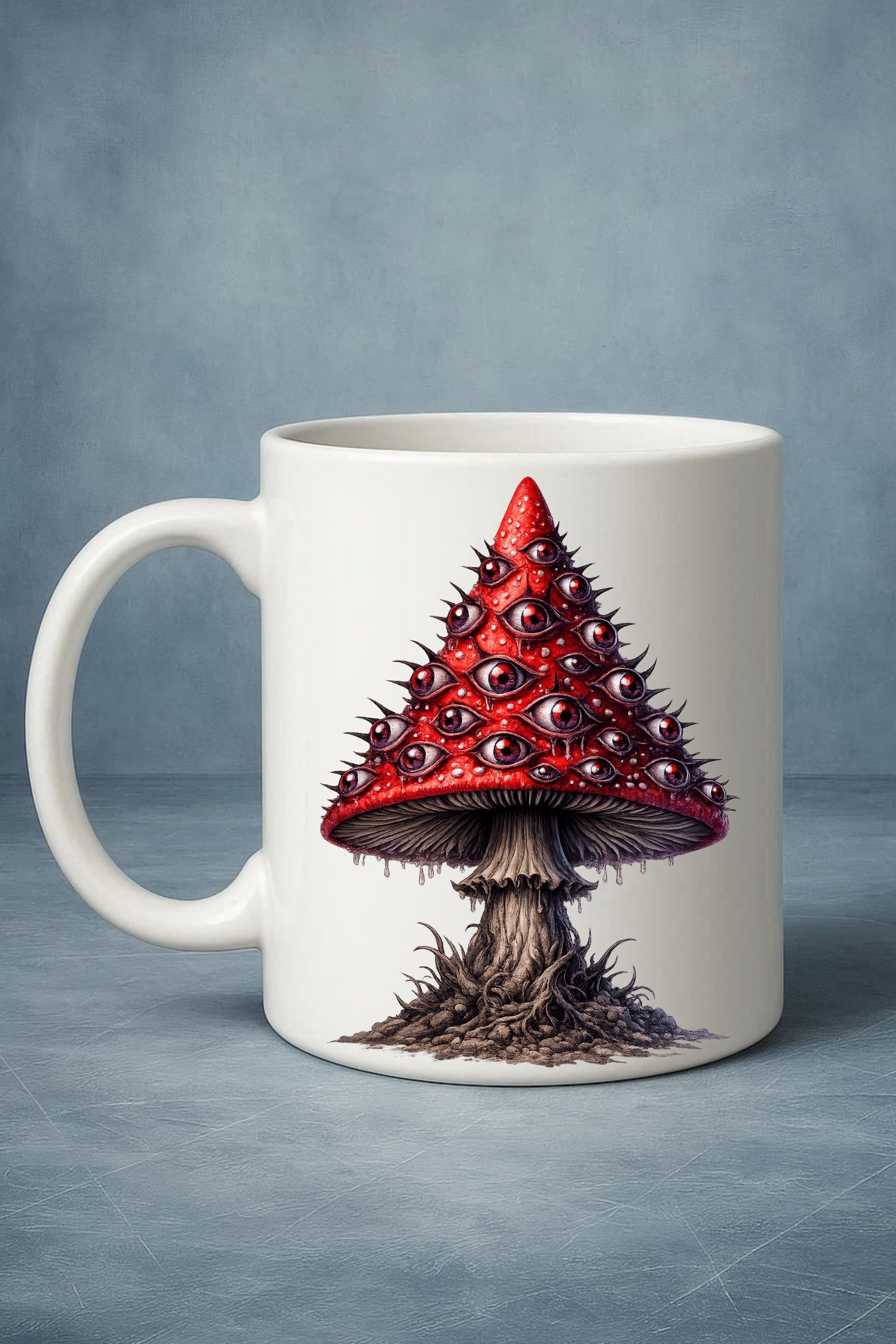 Horror-Pilze Clipart-Set: 14 Dark-Fantasy-Illustrationen mit Augen-Details und Totenköpfen auf roter Kappe, PNG mit transparentem Hintergrund.