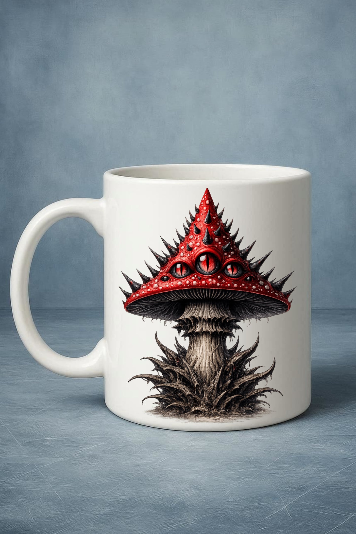 Horror-Pilze Clipart-Set: 14 Dark-Fantasy-Illustrationen mit Augen-Details und Totenköpfen auf roter Kappe, PNG mit transparentem Hintergrund.