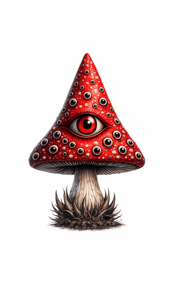 Horror-Pilze Clipart-Set: 14 Dark-Fantasy-Illustrationen mit Augen-Details und Totenköpfen auf roter Kappe, PNG mit transparentem Hintergrund.