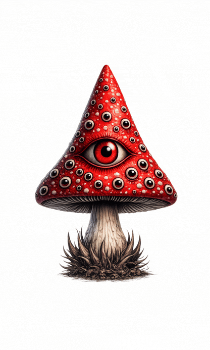 Horror-Pilze Clipart-Set: 14 Dark-Fantasy-Illustrationen mit Augen-Details und Totenköpfen auf roter Kappe, PNG mit transparentem Hintergrund.