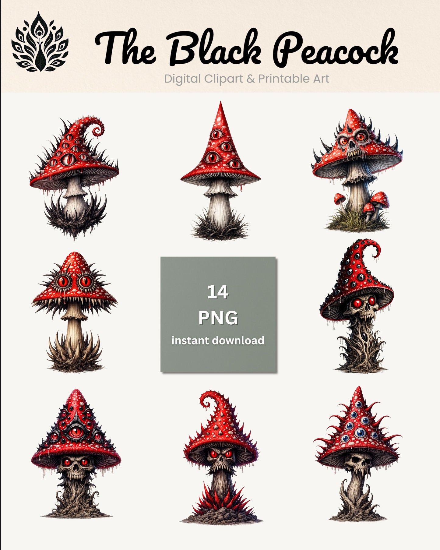 Vorschau eines gotischen Clipart-Sets: rote Pilze mit vielen Augen und Totenkopfdetails, 14 PNG-Dateien mit transparentem Hintergrund.