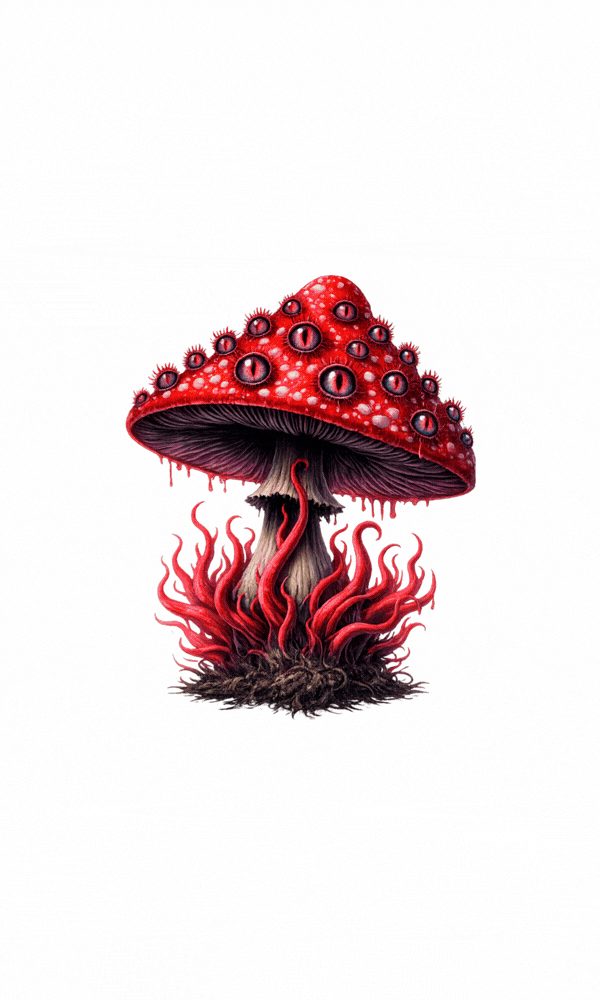 Vorschau eines gotischen Clipart-Sets: rote Pilze mit vielen Augen und Totenkopfdetails, 14 PNG-Dateien mit transparentem Hintergrund.