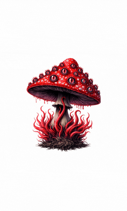 Vorschau eines gotischen Clipart-Sets: rote Pilze mit vielen Augen und Totenkopfdetails, 14 PNG-Dateien mit transparentem Hintergrund.