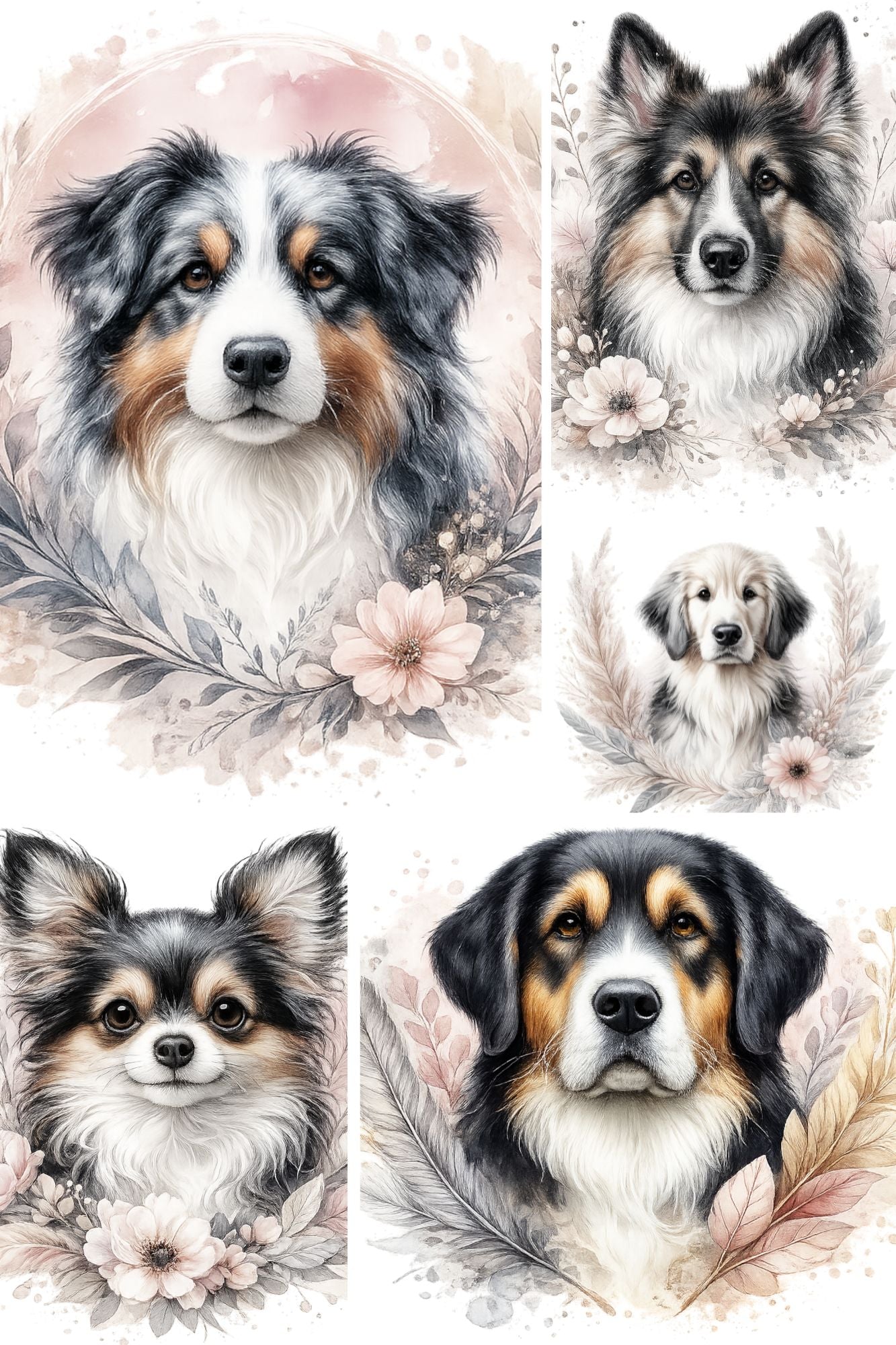 Digitale Hundeillustrationen im Aquarellstil als PNG-Clipart-Set für Print on Demand, kreative Designs, Geschenke und dekorative Projekte.