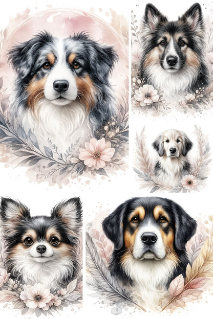 Digitale Hundeillustrationen im Aquarellstil als PNG-Clipart-Set für Print on Demand, kreative Designs, Geschenke und dekorative Projekte.