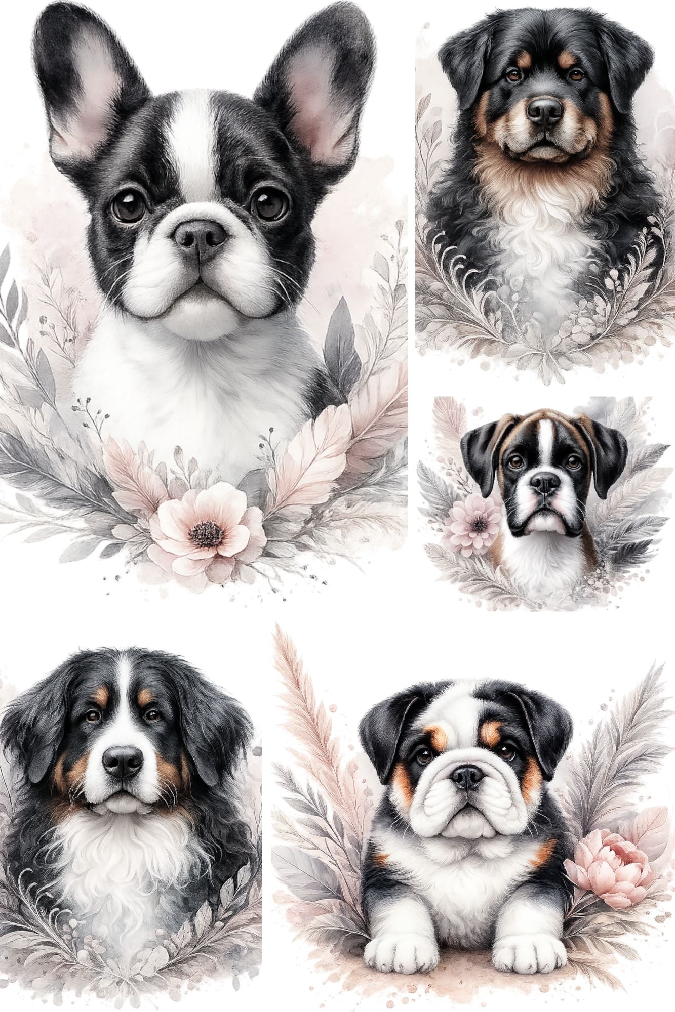 Digitale Hundeillustrationen im Aquarellstil als PNG-Clipart-Set für Print on Demand, kreative Designs, Geschenke und dekorative Projekte.