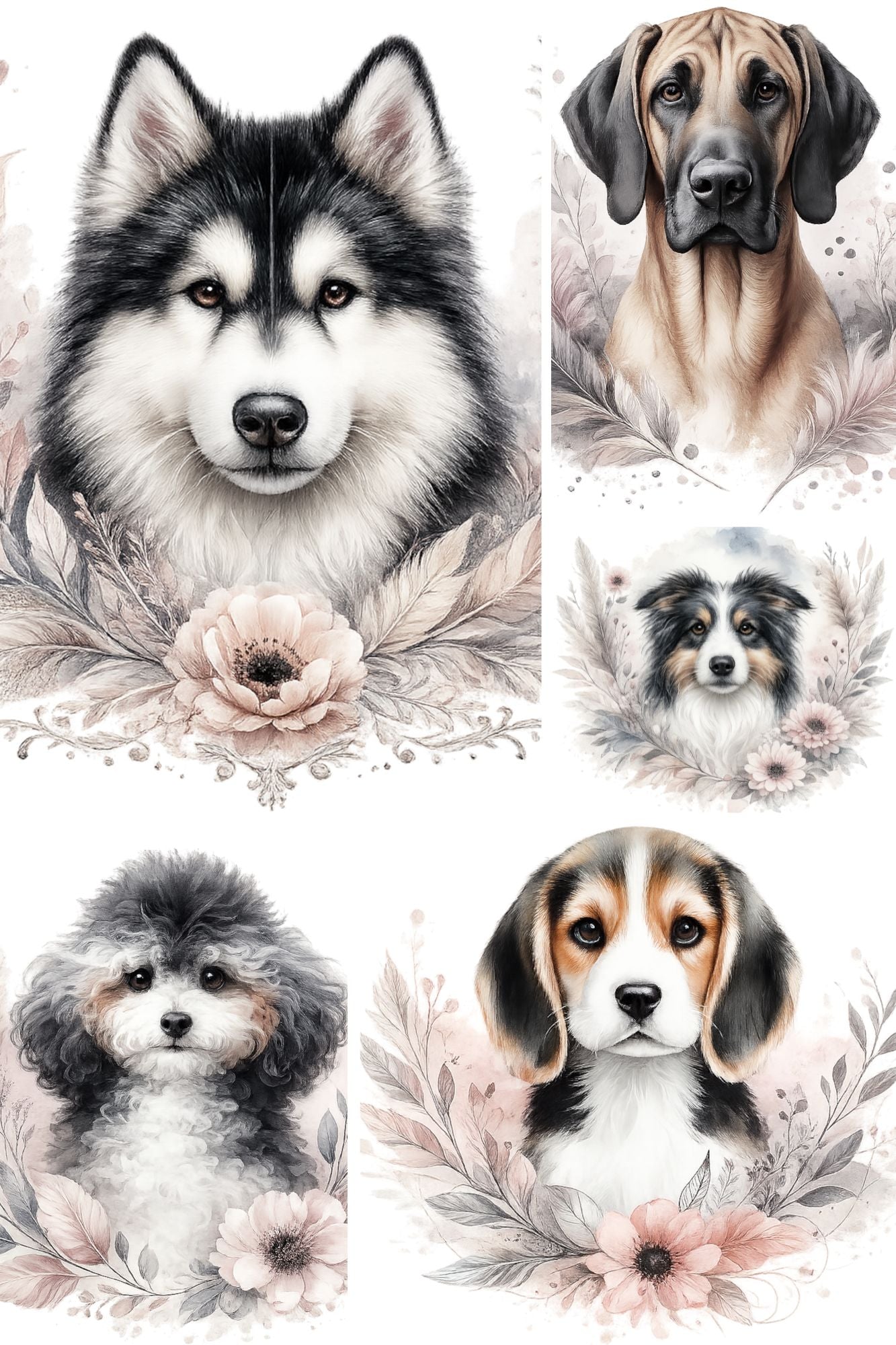 Digitale Hundeillustrationen im Aquarellstil als PNG-Clipart-Set für Print on Demand, kreative Designs, Geschenke und dekorative Projekte.