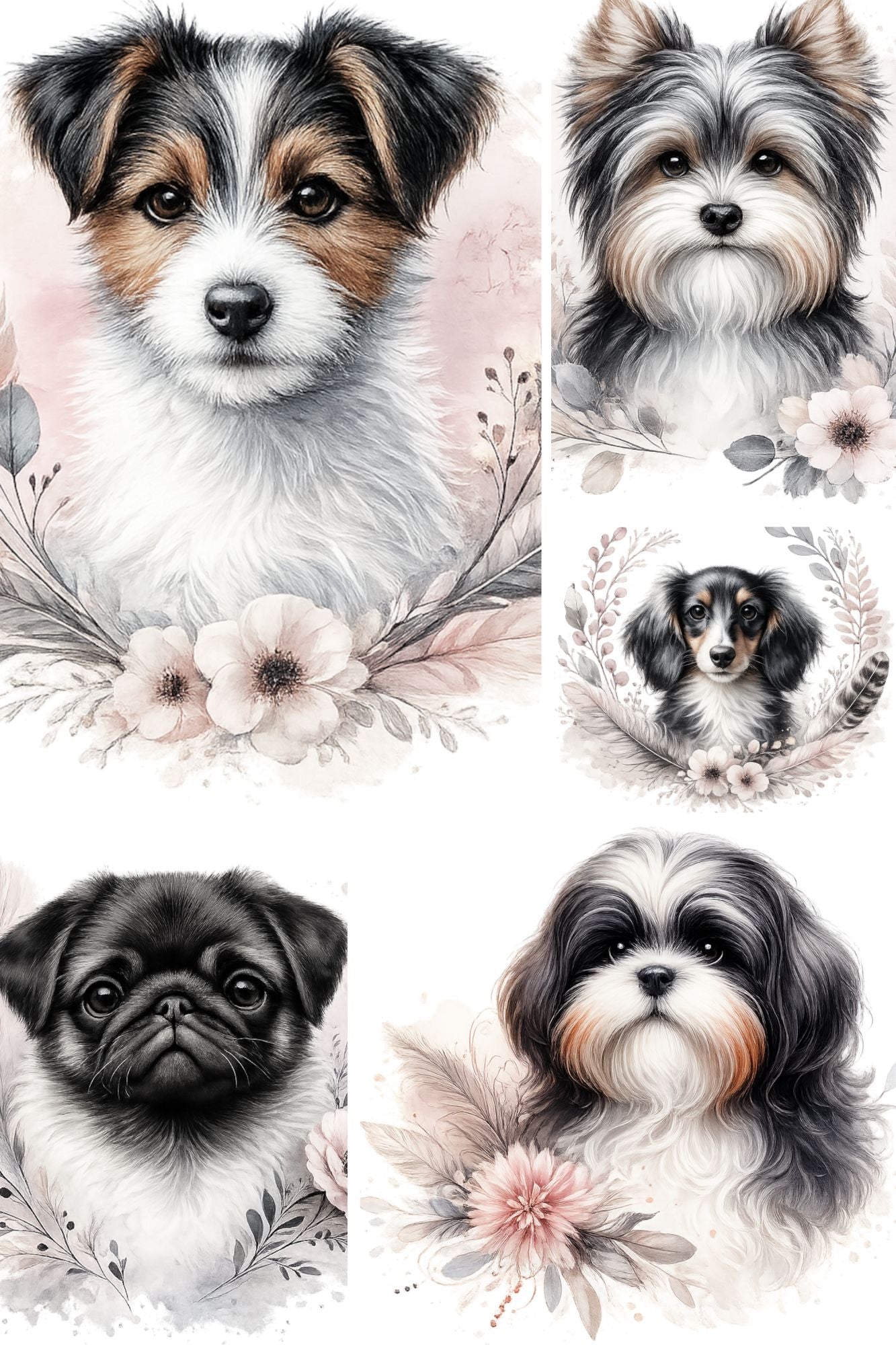 Digitale Hundeillustrationen im Aquarellstil als PNG-Clipart-Set für Print on Demand, kreative Designs, Geschenke und dekorative Projekte.