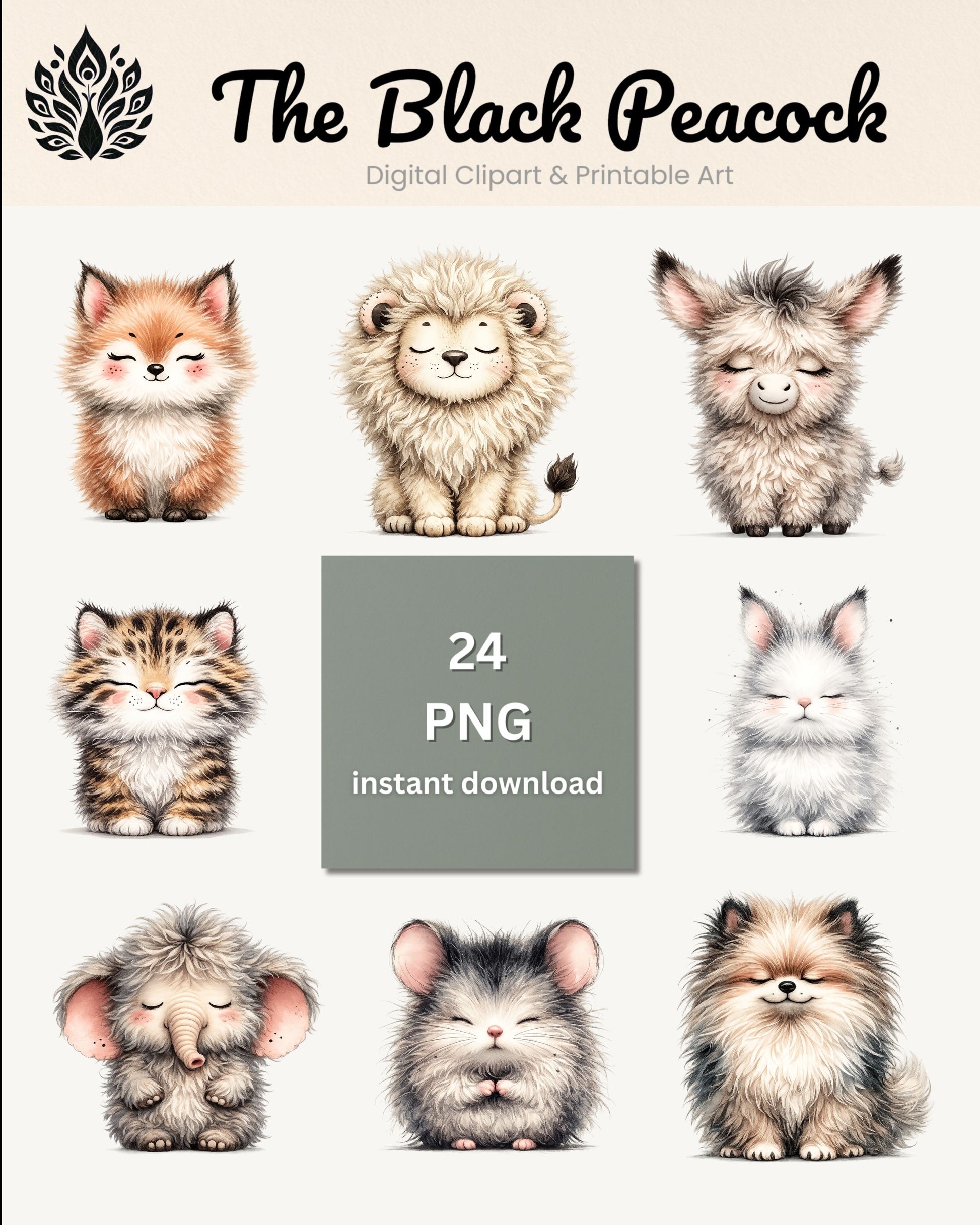 Set aus 24 niedlichen Tier Cliparts im Aquarell Stil mit transparentem Hintergrund als digitaler Download.