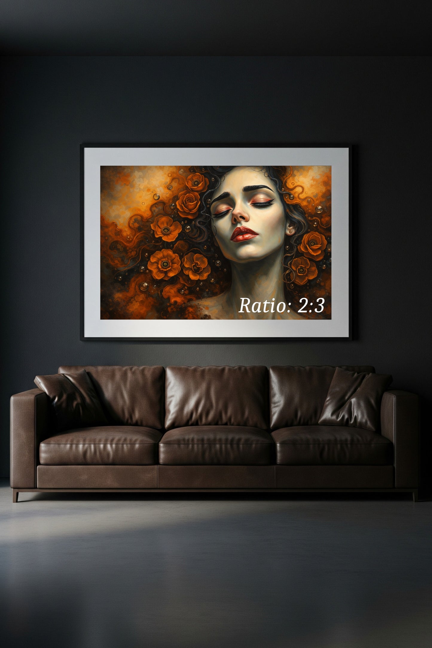 Digitaler Kunstdruck „Dark Floral Portrait“ – surreales Frauenportrait mit geschlossenen Augen und orangefarbenen Blumen, geeignet als Printable Wall Art