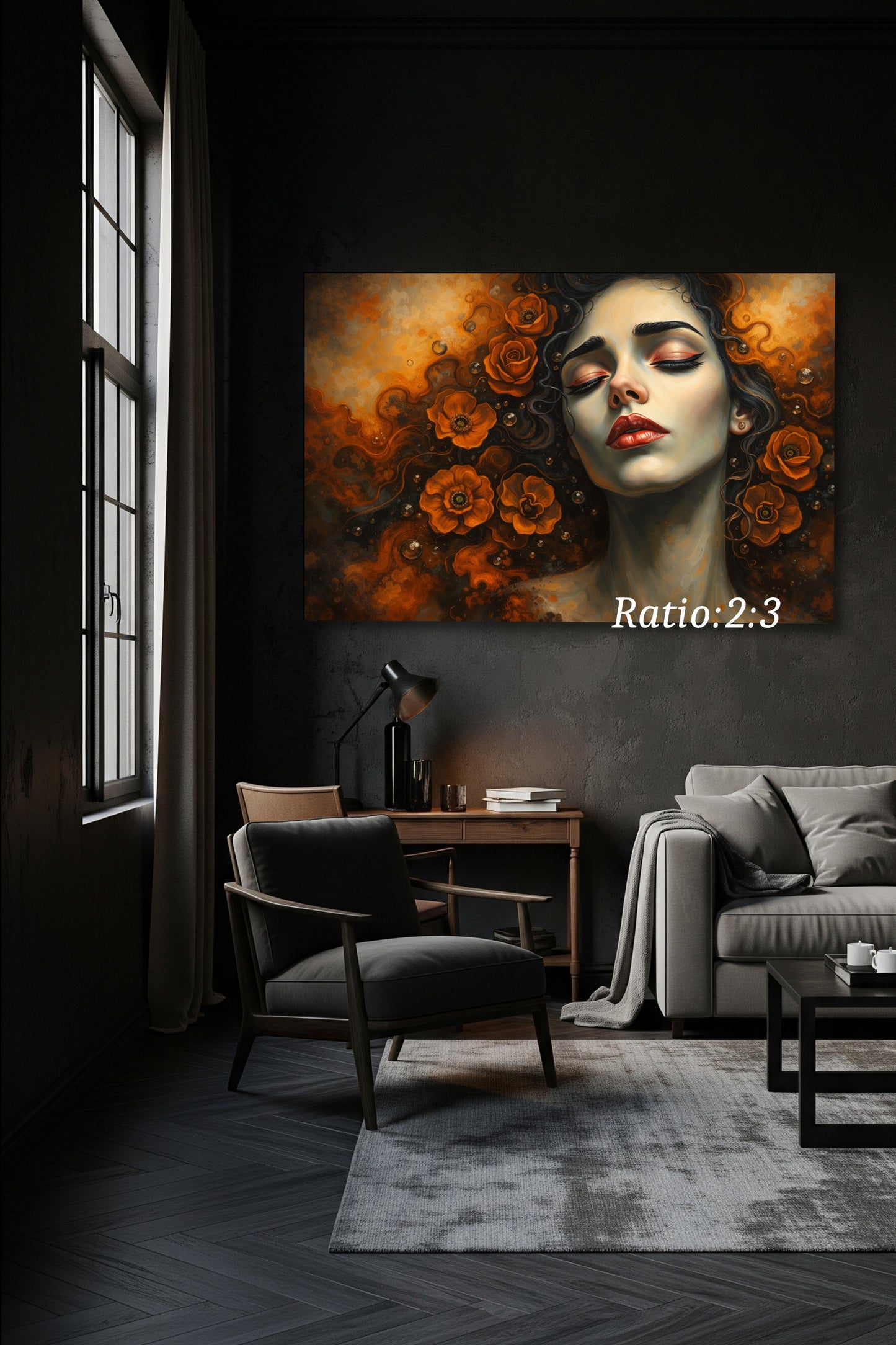Digitaler Kunstdruck „Dark Floral Portrait“ – surreales Frauenportrait mit geschlossenen Augen und orangefarbenen Blumen, geeignet als Printable Wall Art