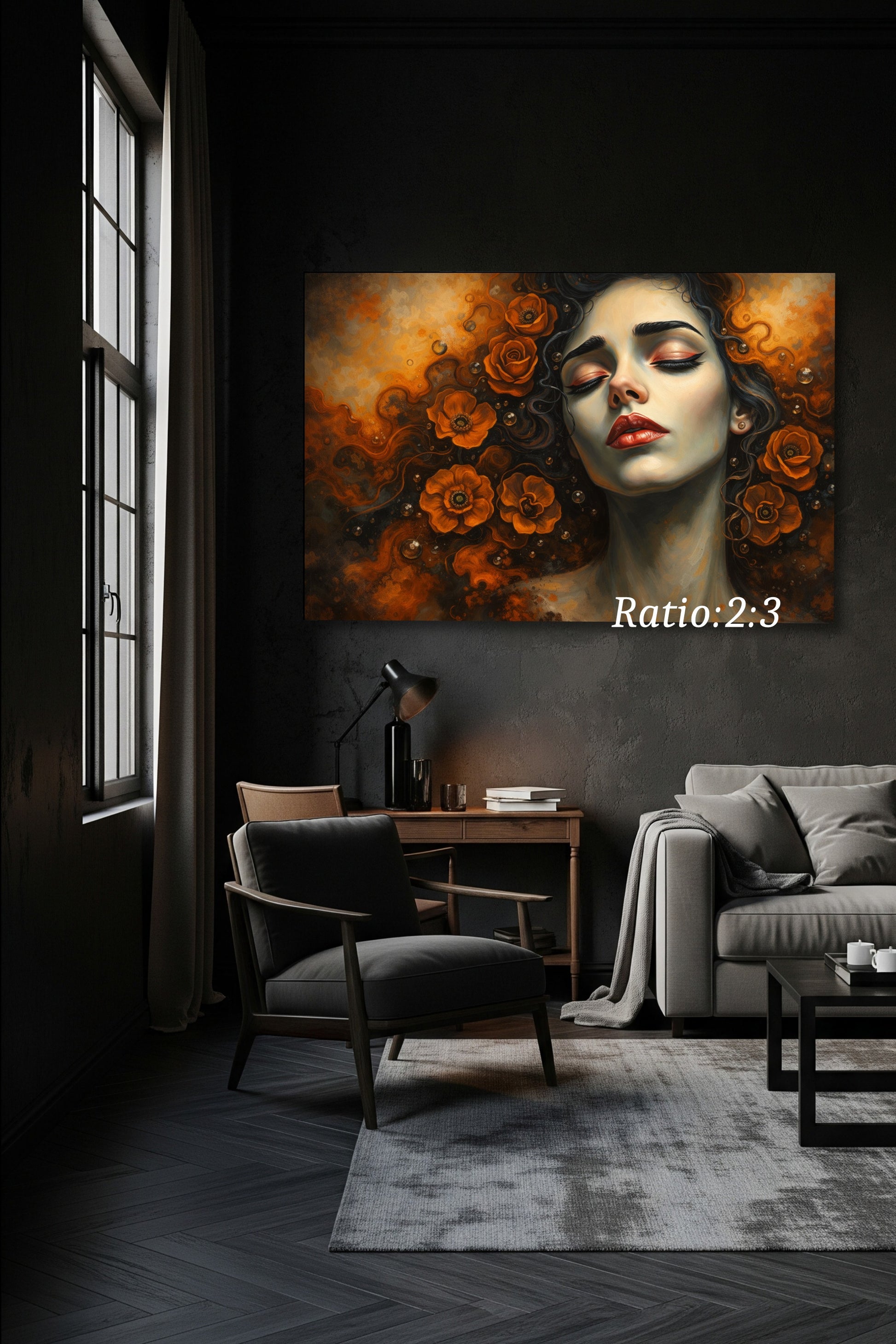 Digitaler Kunstdruck „Dark Floral Portrait“ – surreales Frauenportrait mit geschlossenen Augen und orangefarbenen Blumen, geeignet als Printable Wall Art