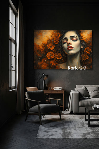 Digitaler Kunstdruck „Dark Floral Portrait“ – surreales Frauenportrait mit geschlossenen Augen und orangefarbenen Blumen, geeignet als Printable Wall Art