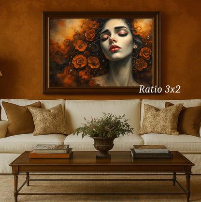 Digitaler Kunstdruck „Dark Floral Portrait“ – surreales Frauenportrait mit geschlossenen Augen und orangefarbenen Blumen, geeignet als Printable Wall Art