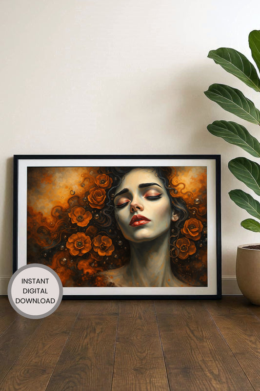 Digitaler Kunstdruck „Dark Floral Portrait“ – surreales Frauenportrait mit geschlossenen Augen und orangefarbenen Blumen, geeignet als Printable Wall Art