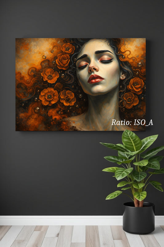 Digitaler Kunstdruck „Dark Floral Portrait“ – surreales Frauenportrait mit geschlossenen Augen und orangefarbenen Blumen, geeignet als Printable Wall Art