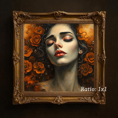 Digitaler Kunstdruck „Dark Floral Portrait“ – surreales Frauenportrait mit geschlossenen Augen und orangefarbenen Blumen, geeignet als Printable Wall Art