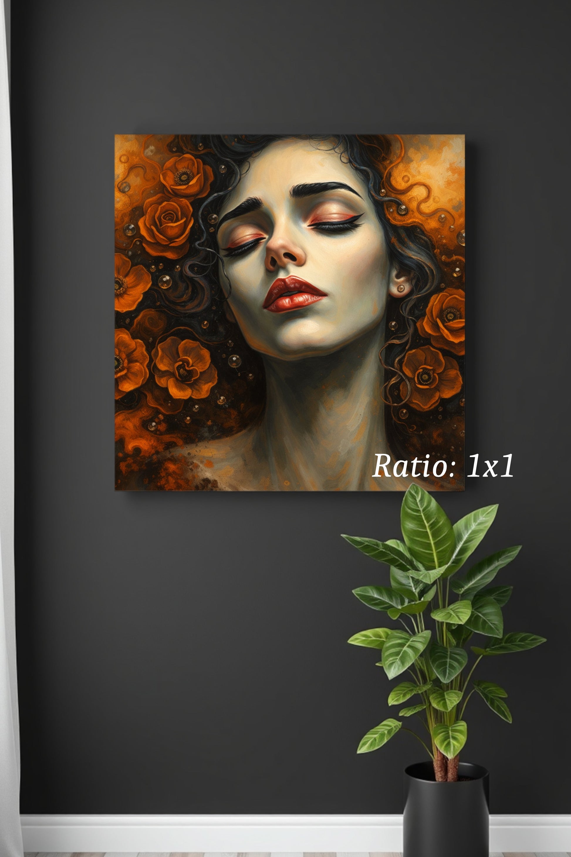 Digitaler Kunstdruck „Dark Floral Portrait“ – surreales Frauenportrait mit geschlossenen Augen und orangefarbenen Blumen, geeignet als Printable Wall Art