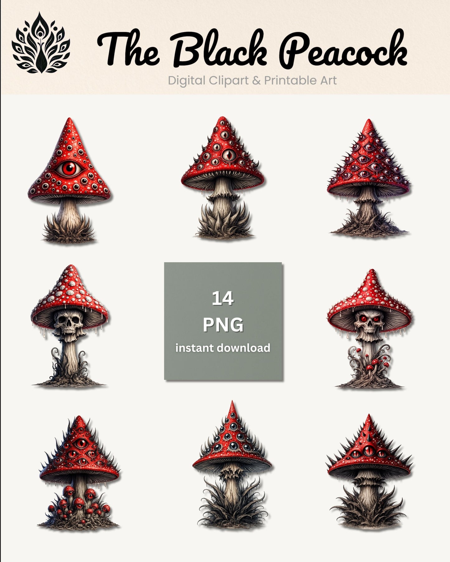 Horror-Pilze Clipart-Set: 14 Dark-Fantasy-Illustrationen mit Augen-Details und Totenköpfen auf roter Kappe, PNG mit transparentem Hintergrund.