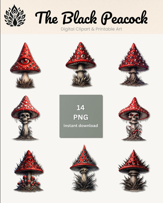 Horror-Pilze Clipart-Set: 14 Dark-Fantasy-Illustrationen mit Augen-Details und Totenköpfen auf roter Kappe, PNG mit transparentem Hintergrund.
