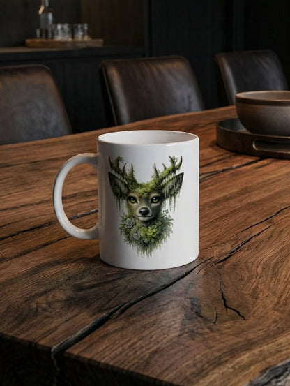 Weiße Keramiktasse mit detailreicher Waldgeist-Hirsch Illustration in Moosgrün, mystisches Naturmotiv mit leuchtenden Augen