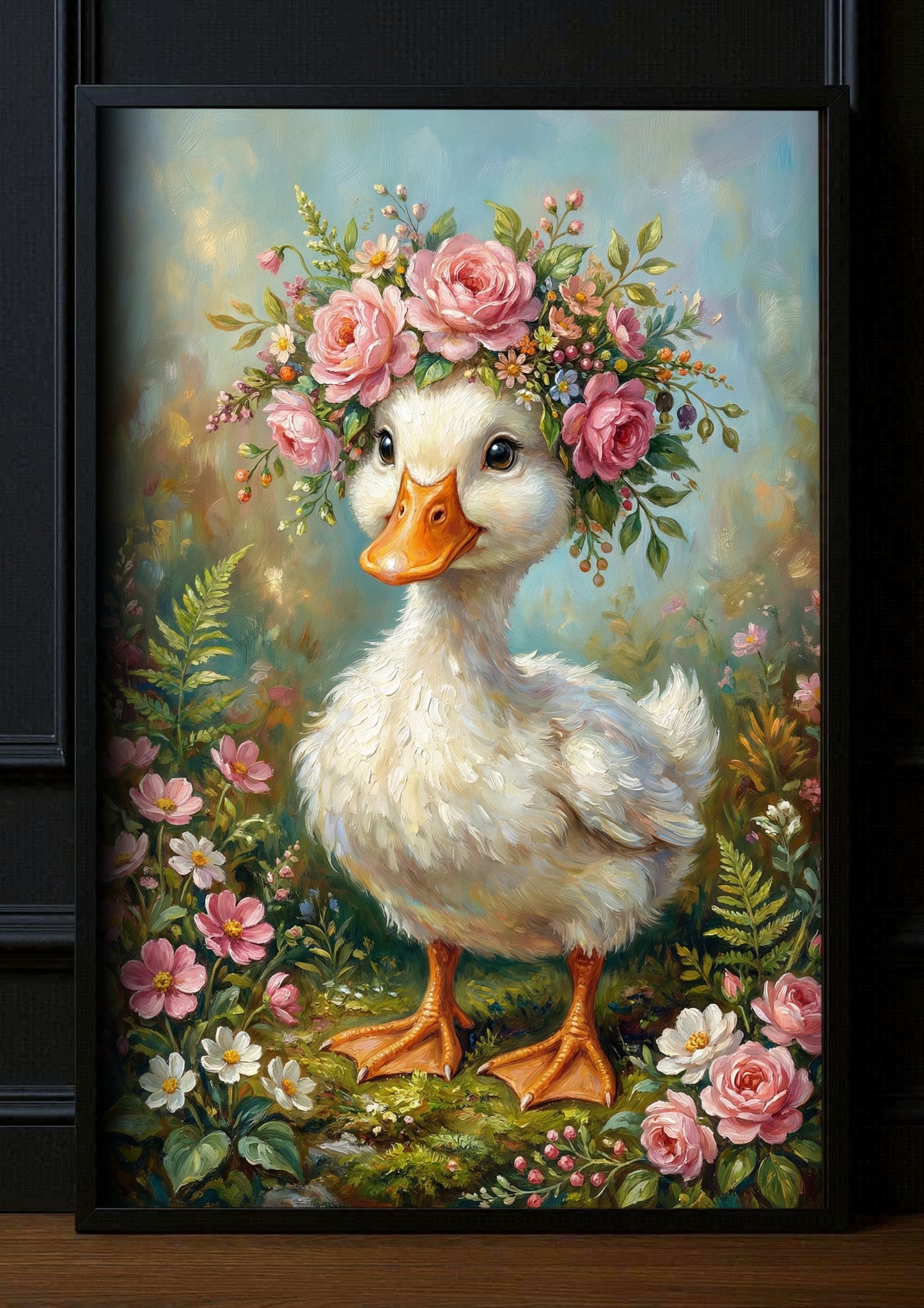 Detailreicher Kunstdruck einer weißen Ente mit rosa Rosenkrone auf mattem, schwerem Papier für eine reflexionsfreie Wanddekoration.