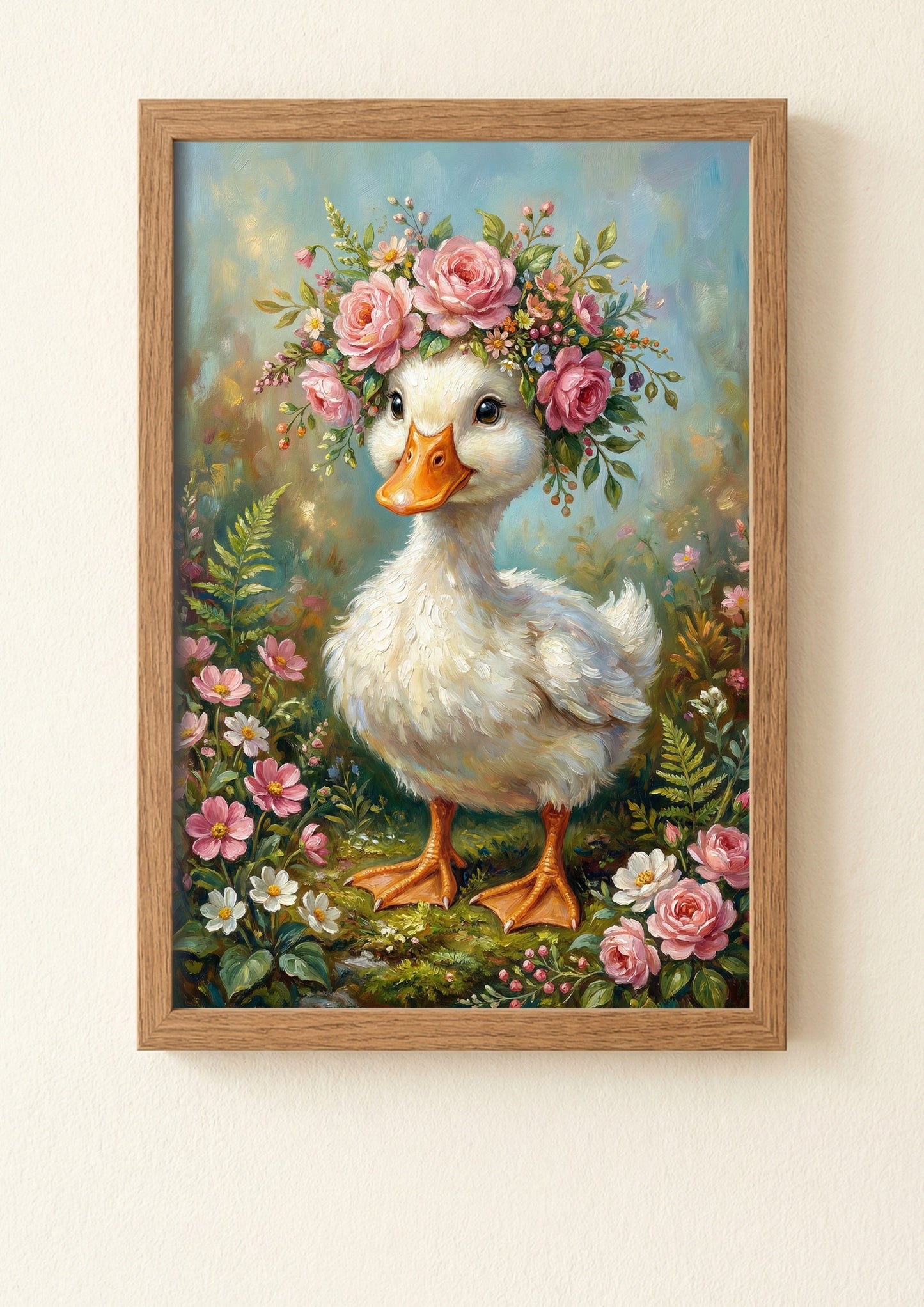 Detailreicher Kunstdruck einer weißen Ente mit rosa Rosenkrone auf mattem, schwerem Papier für eine reflexionsfreie Wanddekoration.
