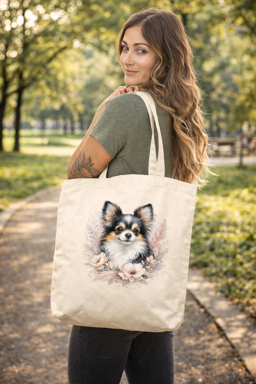 Naturfarbene Stofftasche aus Bio Baumwolle mit liebevoll illustriertem Hundemotiv, getragen als leichte Einkaufstasche für Alltag und Freizeit