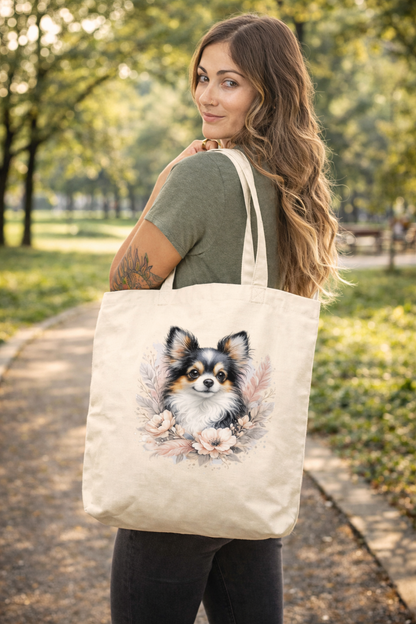 Naturfarbene Stofftasche aus Bio Baumwolle mit liebevoll illustriertem Hundemotiv, getragen als leichte Einkaufstasche für Alltag und Freizeit