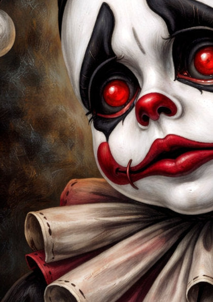 Vintage Harlequin Clown Portrait Poster mit schwarzer Maske, roten Augen und düsterem Gothic-Stil.