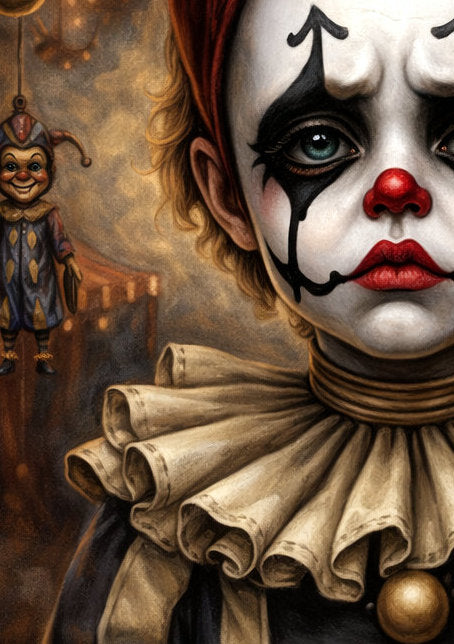 Vintage Harlequin Clown Portrait Poster im Dark Circus Stil mit roten Augen und nostalgischer Zirkusatmosphäre.