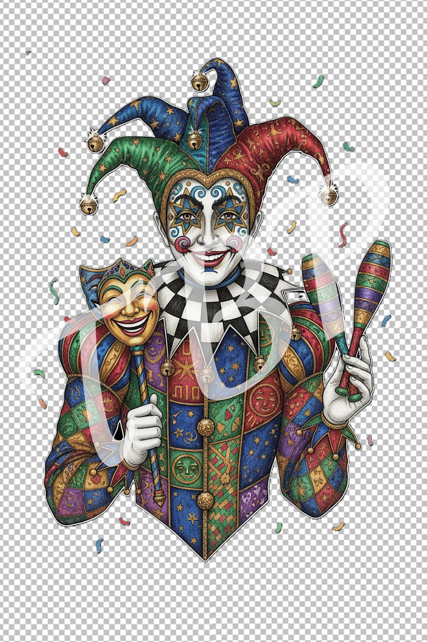 Jester Clipart Bundle mit 18 Harlekin Illustrationen auf transparentem Hintergrund