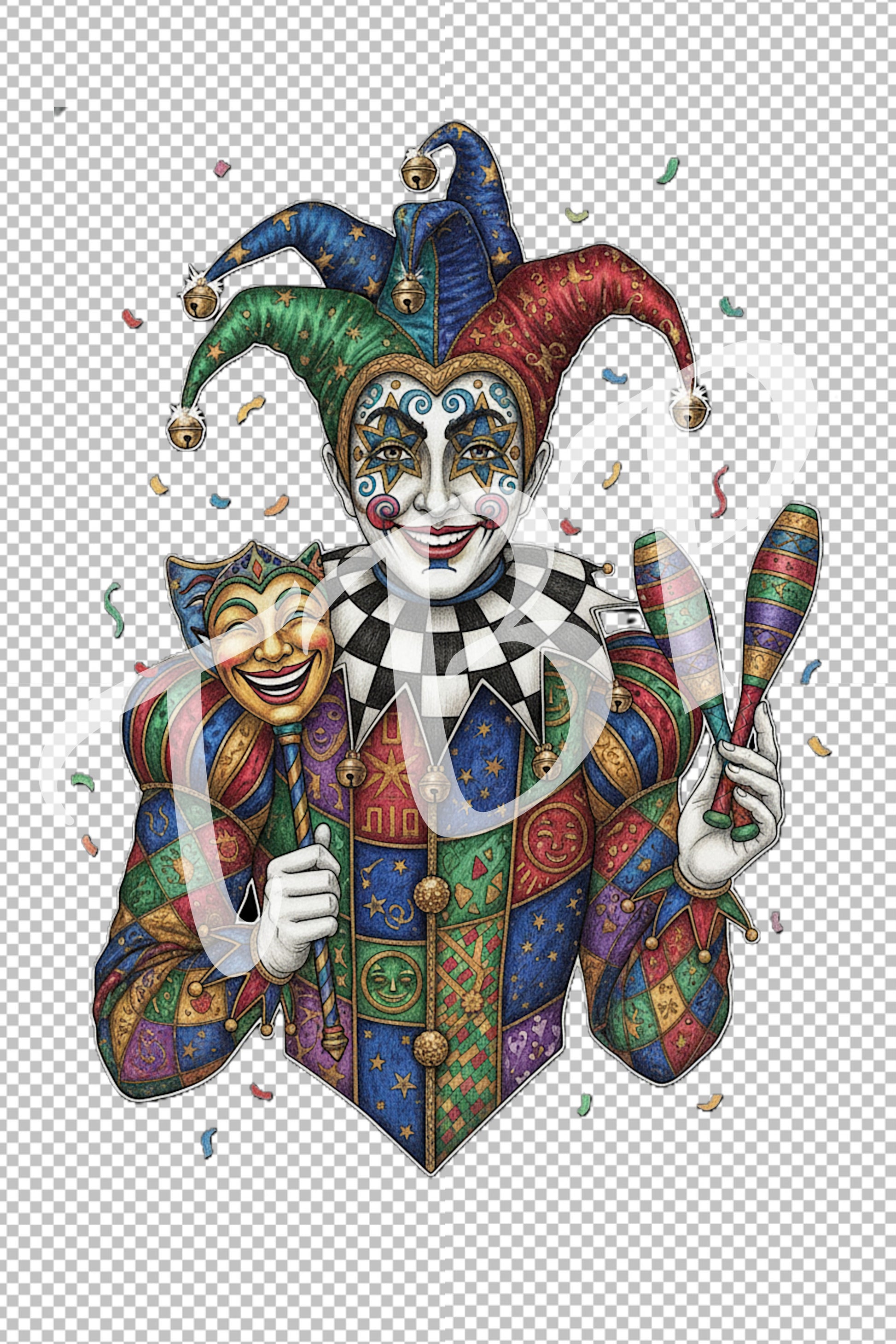 Jester Clipart Bundle mit 18 Harlekin Illustrationen auf transparentem Hintergrund