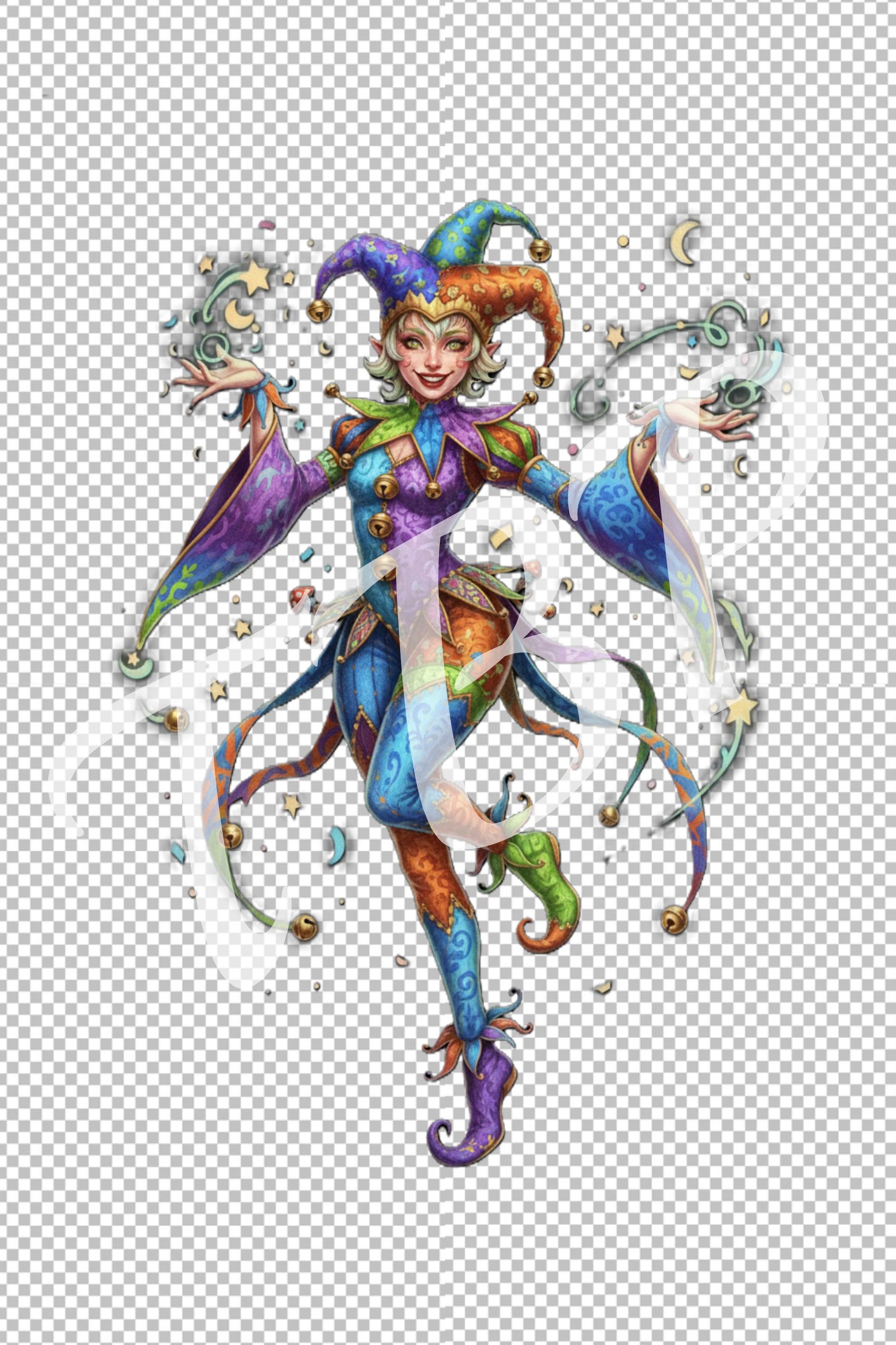 Jester Clipart Bundle mit 18 Harlekin Illustrationen auf transparentem Hintergrund