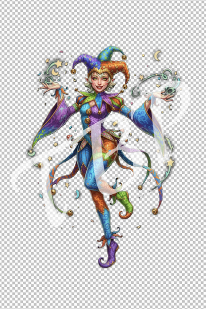 Jester Clipart Bundle mit 18 Harlekin Illustrationen auf transparentem Hintergrund
