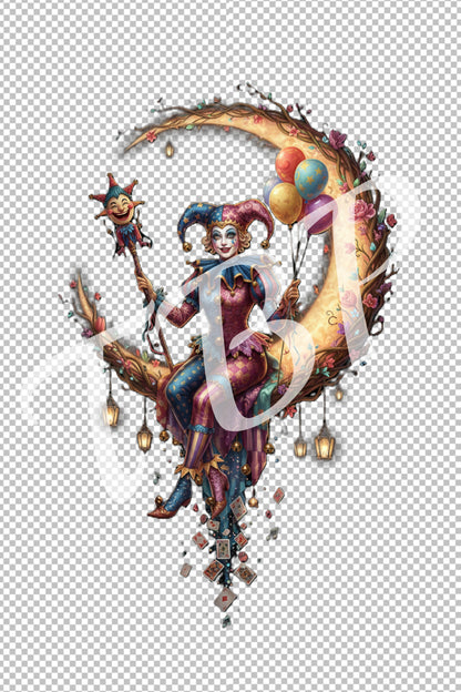 Jester Clipart Bundle mit 18 Harlekin Illustrationen auf transparentem Hintergrund