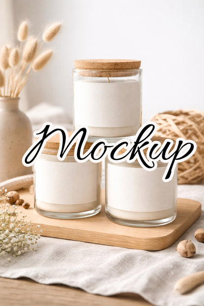 Digitales Kerzen-Label Mockup mit drei Glas-Kerzen und Korkdeckeln auf Holzbrett, heller Hintergrund, ideal für Branding und Shopbilder.