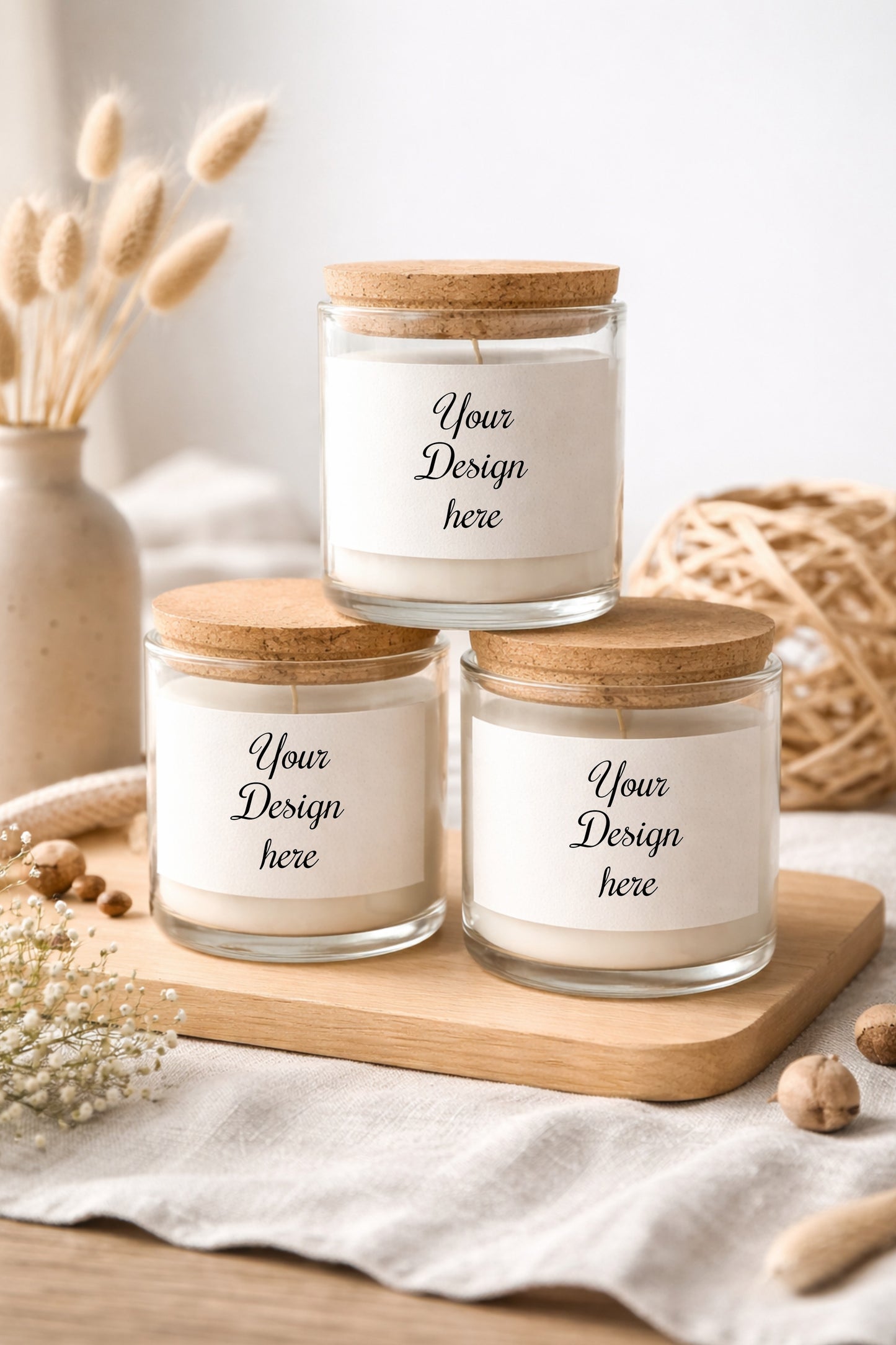 Digitales Kerzen-Label Mockup mit drei Glas-Kerzen und Korkdeckeln auf Holzbrett, heller Hintergrund, ideal für Branding und Shopbilder.