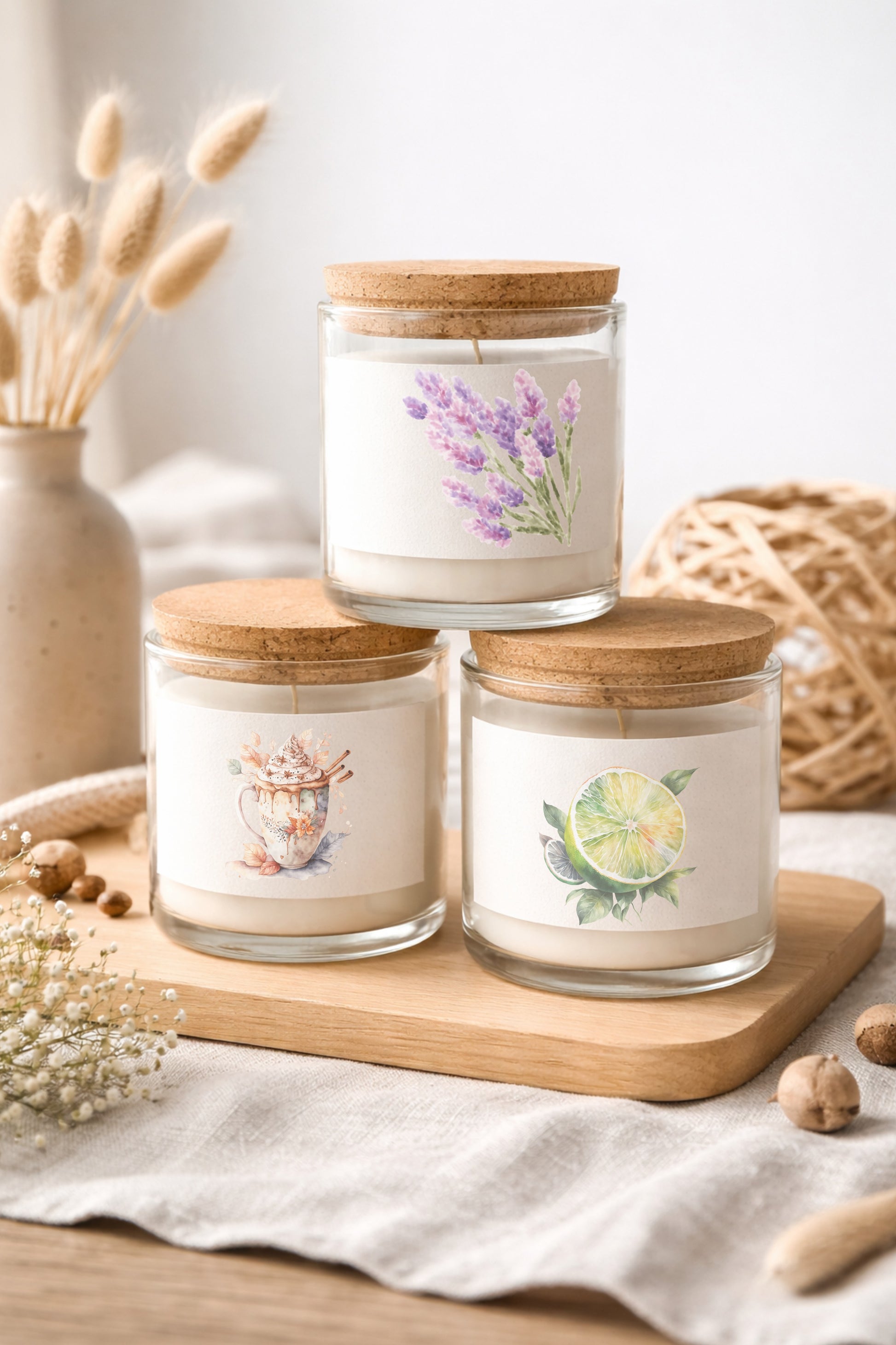 Digitales Kerzen-Label Mockup mit drei Glas-Kerzen und Korkdeckeln auf Holzbrett, heller Hintergrund, ideal für Branding und Shopbilder.