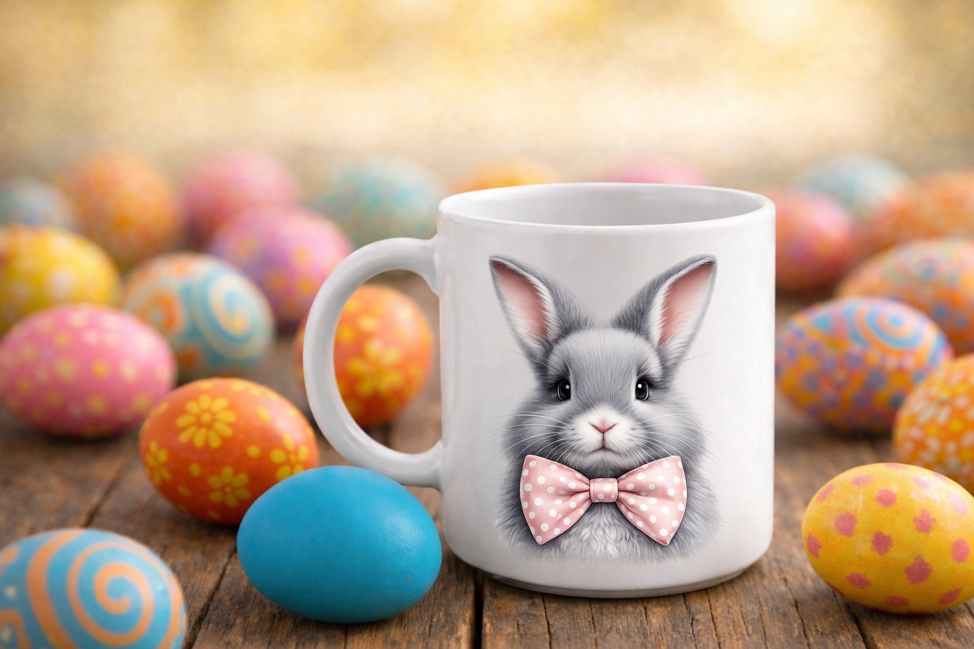 Digitales Tassen-Mockup: weiße Tasse auf Holztisch mit Ostereiern, freie Fläche für dein Design, Download als PNG und JPG, 3600×2400 px.