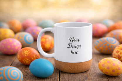 Digitales Tassenmockup: weiße Tasse mit Korkboden auf Holztisch, bunte Ostereier im Hintergrund, freie Designfläche, Download als PNG und JPG, 3600×2400 px.