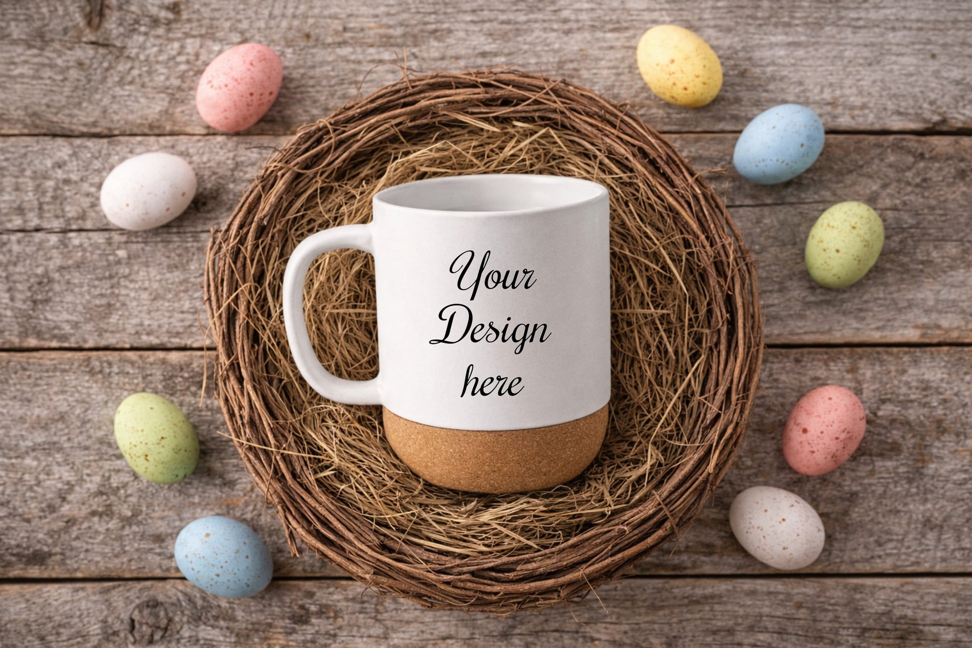 Weiße Tasse mit Korkboden im Nest, umgeben von bunten Ostereiern auf Holztisch, digitales Mockup für Design-Präsentationen.