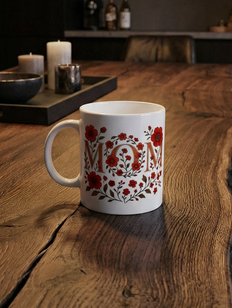 Weiße Keramiktasse mit floralem Blumenkranz und Schriftzug MOM in Rot, glänzende Oberfläche, liebevolle Geschenkidee für Muttertag oder Alltag