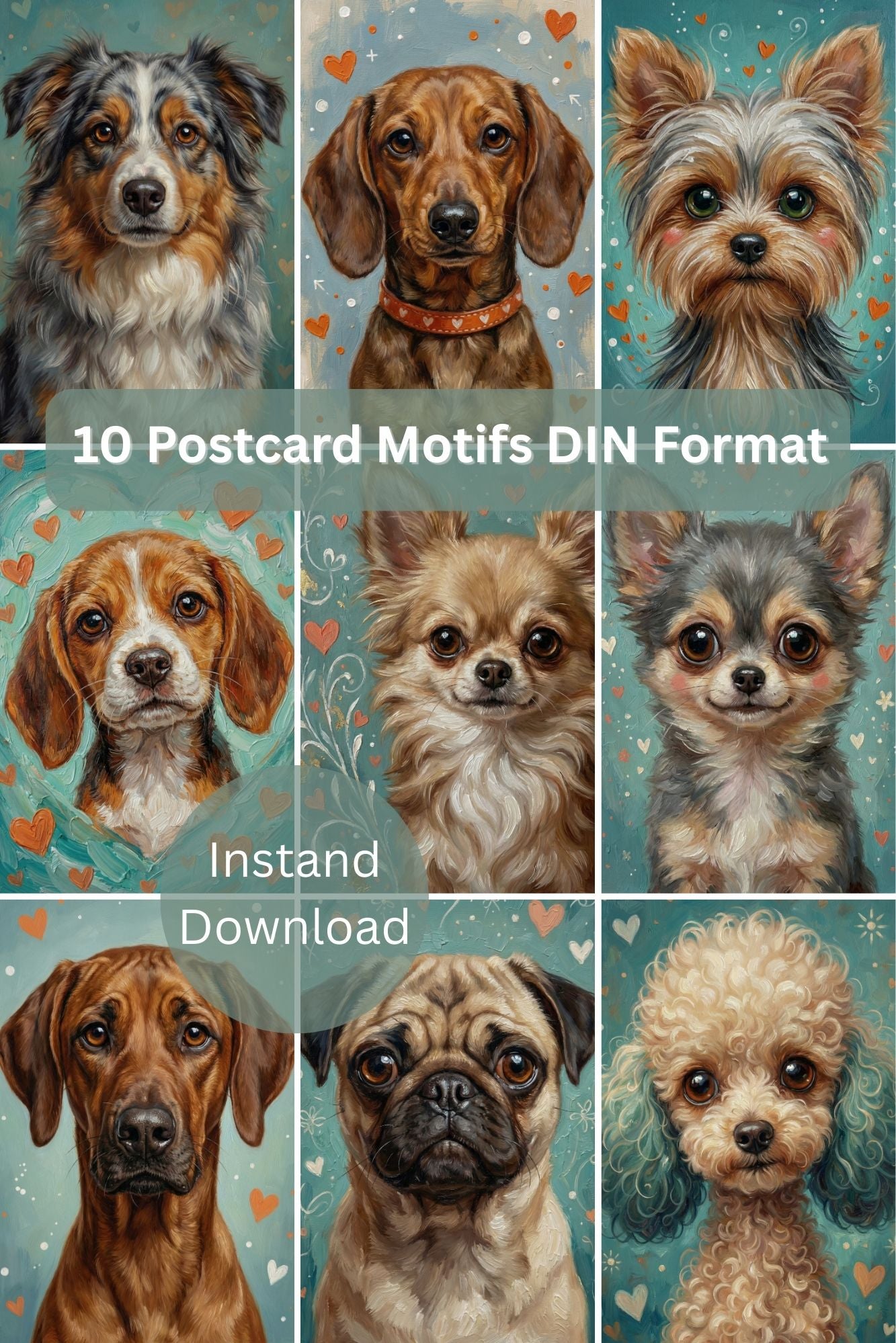 Zehn handgemalte Hundeillustrationen mit Herzmotiven in warmen Farben, geeignet für Kinderzimmer Poster, Postkarten oder Wandbilder