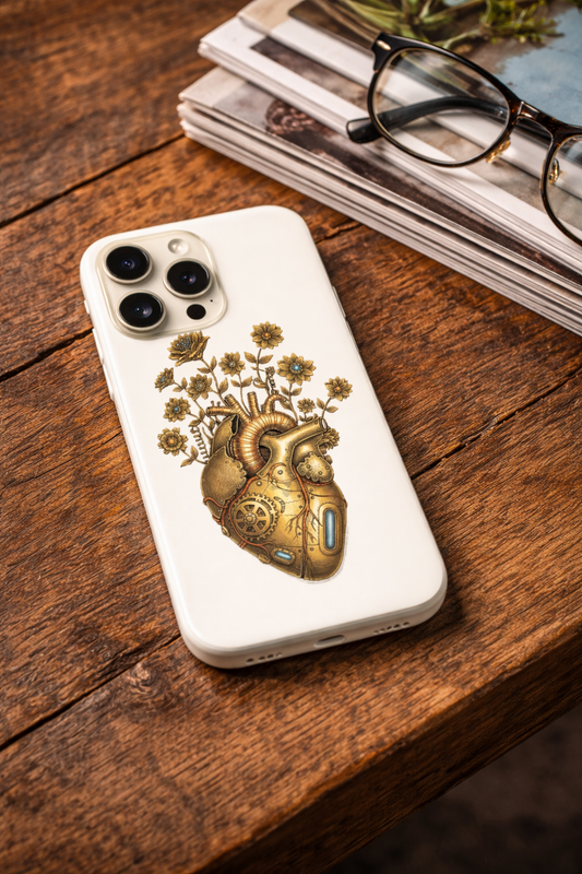 Transparente iPhone Schutzhülle mit Steampunk Herz Motiv, klare Flexi Case Oberfläche, schlank, modern, passgenau für verschiedene Modelle.