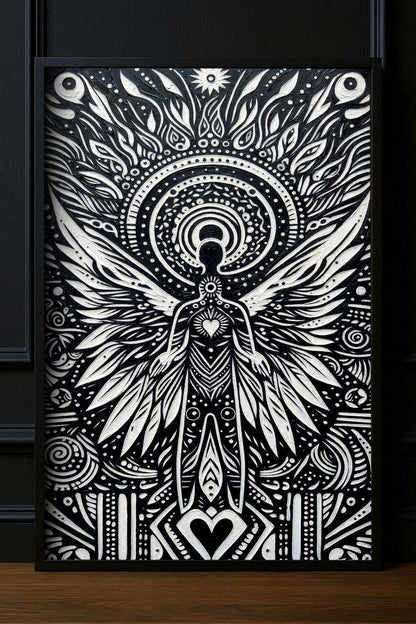 Schwarz-weißes Totem-Poster mit geflügelter Figur, Herzsymbol und ornamentalen Kreisen als spirituelle Wanddeko für Wohnzimmer oder Flur.